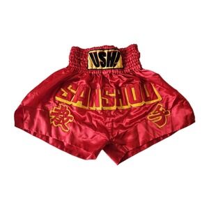 USH! Red Youth Muay Thai Boxing Embroidered Sanshou Satin Shorts L